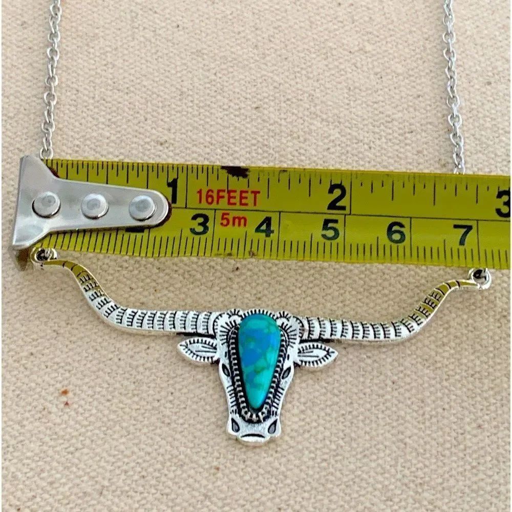 Western Longhorn Rodeo Necklace – Bull Steer Cowboy Pendant with Faux Turquoise - Picture 10 of 10